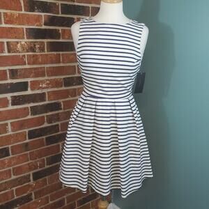 Zara Striped Pleated Open Back Dress with Pockets